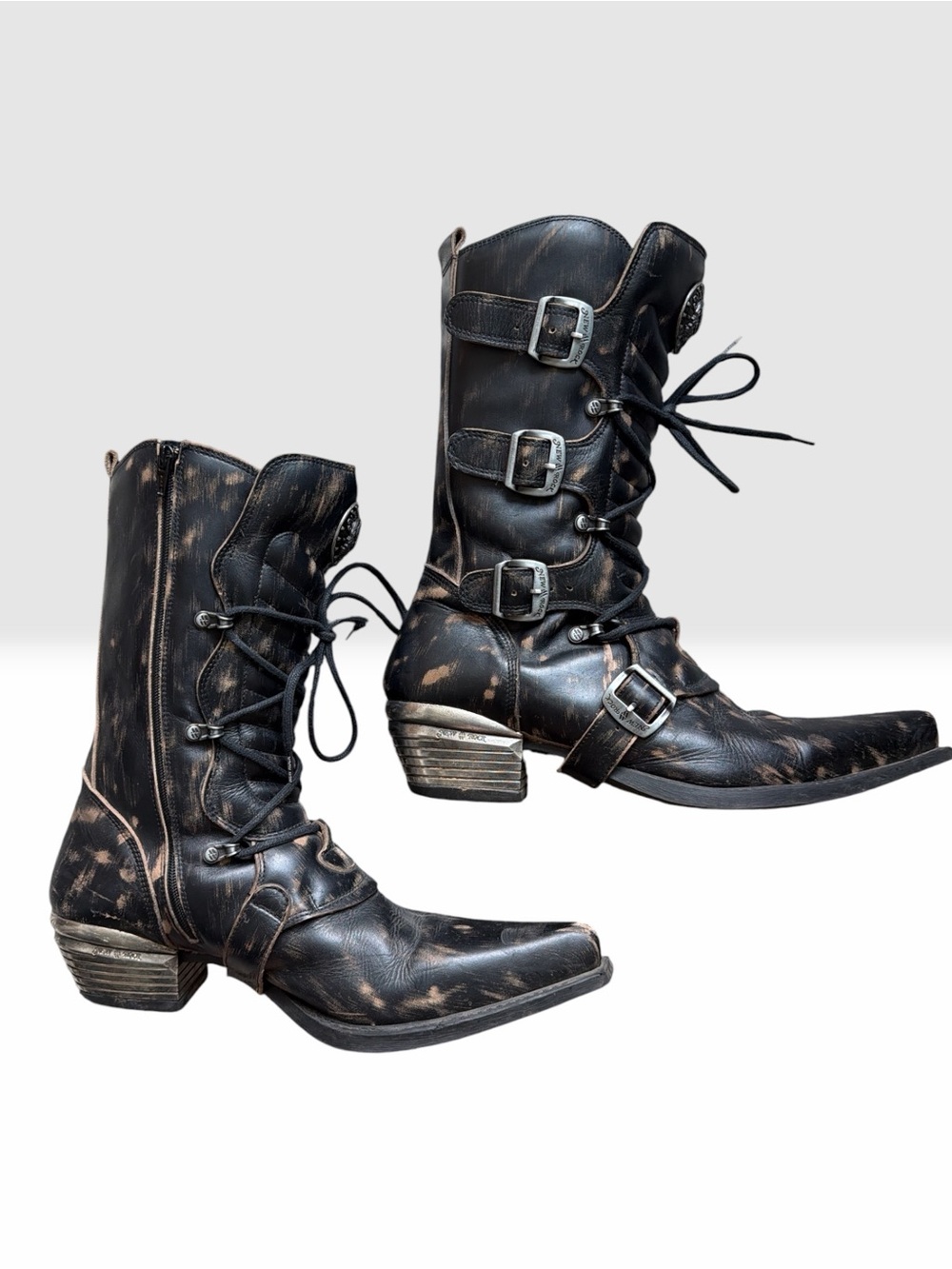 Distressed Black Western Lace-Up Cowboy Boots with Buckle Accents Sz 10.5